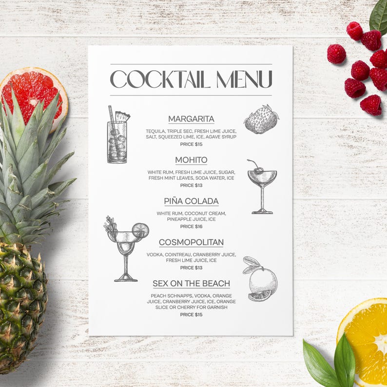 Example Personalised Cocktail Menu Editable Cocktail Menu Template: Wedding and Party Bar Sign, Signtature ...