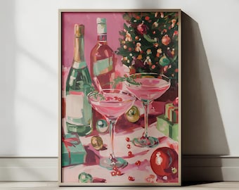 Christmas Cocktail Art Print | Pink Holiday Bar Cart Decor (Digital Download)