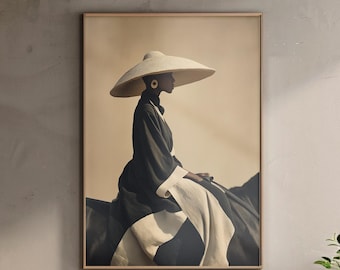 Può includere: Stampa artistica incorniciata raffigurante una persona con un cappello di paglia a tesa larga e un lungo abito bianco e nero. L'opera d'arte ha un tono seppia, creando un'estetica vintage. La persona è seduta, di profilo, e indossa un orecchino d'oro.