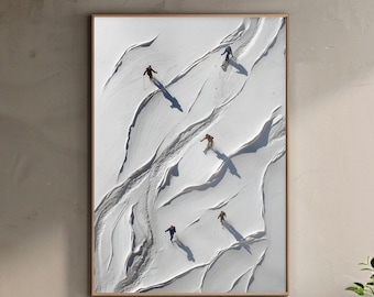 Aerial Skiers Printable Wall Art | Minimalist Scandinavian Winter Snow Landscape Poster | Digital Download
