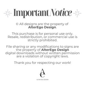 Puede incluir: Un fondo blanco con el texto "Important Notice" en una fuente estilizada. El texto detalla la informaci&oacute;n de derechos de autor, incluido solo para uso personal y restricciones sobre reventa y modificaciones. El logotipo de AlterEgo Design est&aacute; en la parte inferior.