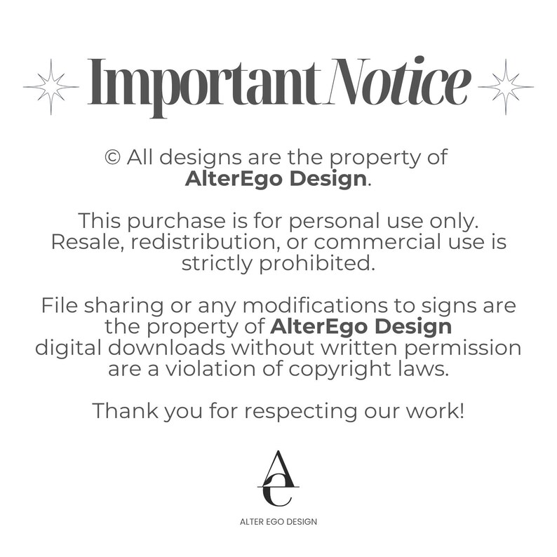 Puede incluir: Un fondo blanco con el texto "Important Notice" en una fuente estilizada. El texto detalla la informaci&oacute;n de derechos de autor, incluido solo para uso personal y restricciones sobre reventa y modificaciones. El logotipo de AlterEgo Design est&aacute; en la parte inferior.