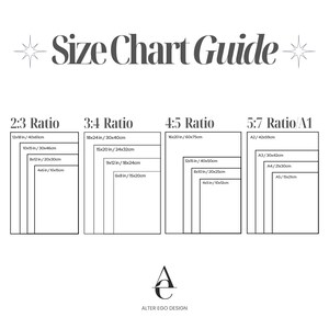 Puede incluir: Una gu&iacute;a de tallas en blanco y negro con el texto "Size Chart Guide". El gr&aacute;fico muestra varias relaciones de aspecto, incluyendo 2:3, 3:4, 4:5 y 5:7, con las dimensiones correspondientes en pulgadas y cent&iacute;metros. El logotipo de Alter Ego Design est&aacute; en la parte inferior.