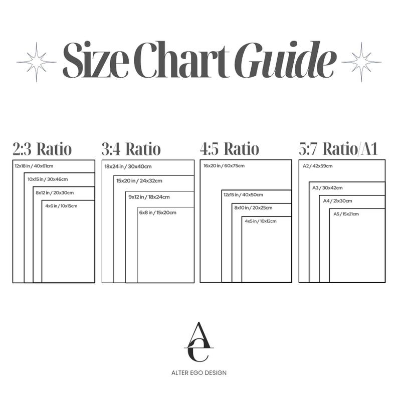 Puede incluir: Una gu&iacute;a de tallas en blanco y negro con el texto "Size Chart Guide". El gr&aacute;fico muestra varias relaciones de aspecto, incluyendo 2:3, 3:4, 4:5 y 5:7, con las dimensiones correspondientes en pulgadas y cent&iacute;metros. El logotipo de Alter Ego Design est&aacute; en la parte inferior.