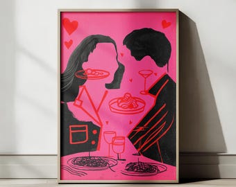 Può includere: Una stampa artistica incorniciata raffigurante una scena di cena romantica. Sagome nere di due figure su uno sfondo rosa vibrante. Accenti rossi evidenziano cibo, bevande e cuori, creando un'estetica moderna ed elegante.