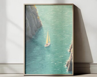 Coastal Sailboat Print: Minimalist Ocean View Art (Digital Download, 4 Sizes)