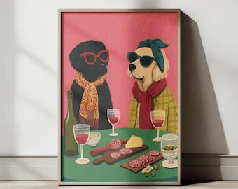 Puede incluir: Impresión artística enmarcada que muestra a dos perros en una mesa con vino, embutidos y aceitunas. Uno lleva gafas de sol y una bufanda, el otro un pañuelo en la cabeza y gafas de sol. El fondo es rosa y la mesa verde.