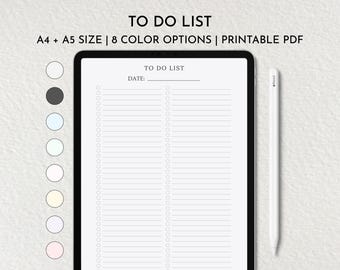 Könnte beinhalten: Druckbare To-Do-Liste in den Formaten A4 und A5. Wählen Sie aus acht Farboptionen: Weiß, Grau, Hellblau, Weiß, Creme, Helllila und Rosa. Die Vorlage hat einen Bereich für das Datum und zwei Spalten für Aufgaben mit Kontrollkästchen.