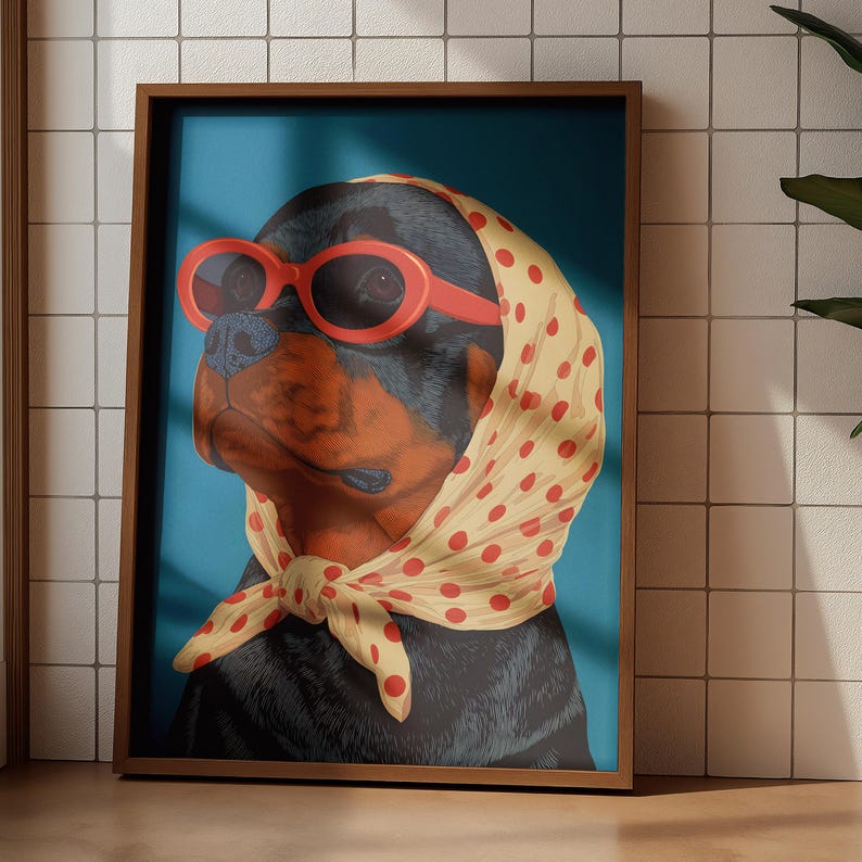 Puede incluir: Impresi&oacute;n art&iacute;stica enmarcada de un perro Rottweiler con gafas de sol rojas y un pa&ntilde;uelo amarillo con lunares. El perro tiene pelaje negro y marr&oacute;n, sobre un fondo azul. El marco es de color marr&oacute;n c&aacute;lido.