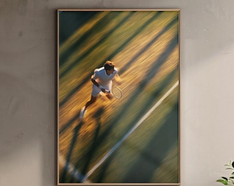 Può includere: Stampa incorniciata raffigurante un tennista in azione su un campo verde e giallo. Il giocatore indossa un abbigliamento bianco e tiene in mano una racchetta da tennis. L'immagine ha un effetto di sfocatura.