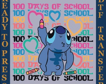 May include: A blue cartoon character with big eyes and a pink crayon in its hand, surrounded by the text "100 Days of School" in various colors and fonts.