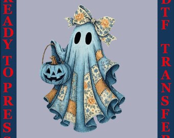 May include: A light blue ghost illustration with a floral bow and patches, holding a jack-o'-lantern. The image has the text "READY TO PRESS" and "DTF TRANSFER" in red on a dark blue background.