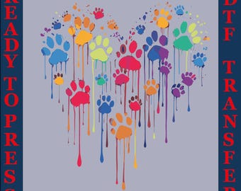 Colorful Dog Paw Heart DTF Print: Ready To Press Transfer