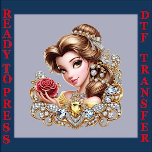 May include: DTF transfer featuring a cartoon illustration of a woman with brown hair, holding a red rose. The image is adorned with sparkling jewels and the text "READY TO PRESS" and "DTF TRANSFER" in red.