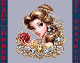 Transferencia DTF de Disney Belle, Prensa térmica de La Bella y la Bestia
