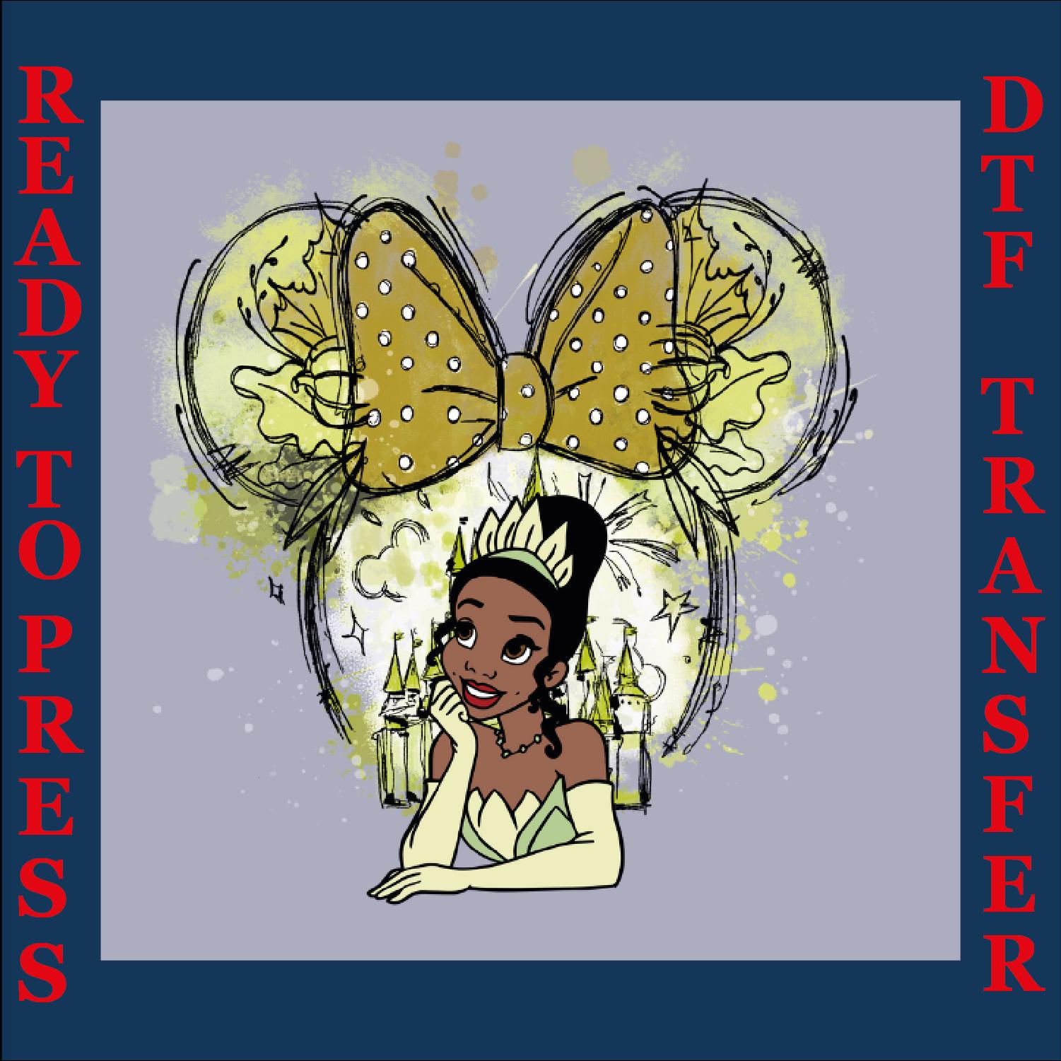 Disney Tiana Bow DTF, Disney Princesses DTF, Princess Tiana DTF Transfer, Princess Tiana Ready To Press, The Princess and the Frog Dtf
