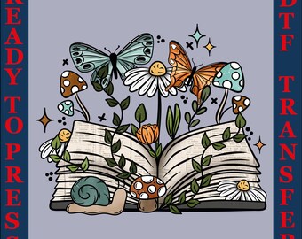 Floral Book DTF Transfer: Butterfly & Mushroom Design Ready to Press