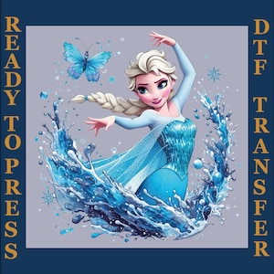 May include: A DTF (Direct to Film) transfer featuring a cartoon image of a woman in a blue dress, surrounded by water and snowflakes. The image includes the text "READY TO PRESS" and "DTF TRANSFER" in gold.