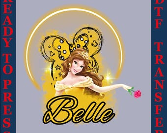 Transferencia DTF de Disney Belle, Diseño de prensa térmica de La Bella y la Bestia
