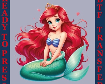 May include: A red-haired mermaid with a green tail and a blue seashell bra. She is wearing a gold crown and has a sweet expression on her face.  The background is a light purple.