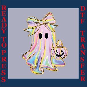 Fantasma fofo de Halloween DTF, Abóbora de Halloween com laços, Design fofo de Halloween DTF, Abóbora fantasma DTF, Abóbora fantasma colorida fofa de Halloween DTF