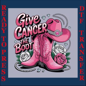 May include: Pink cowboy boots and a hat with the text "Give Cancer the Boot" are featured in this graphic. The design includes roses, diamonds, and a pearl necklace, all set against a light purple background.