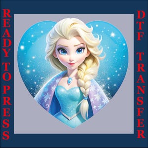 May include: A heart-shaped image featuring a cartoon illustration of a blonde-haired girl with blue eyes wearing a blue dress and a white cape. The background is blue with white stars.