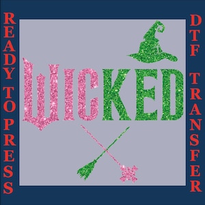 Wicked Wand And Broom Dtf, Witch Pink And Green Heat Transfer, Wizard Movie Fan Dtf, Wicked Musical Fan Dtf, Wicked Elements Ready To Press
