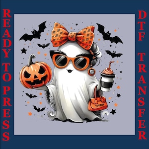 Fantasma fofo de Halloween DTF, Abóbora de Halloween com laços, Design fofo de Halloween DTF, Abóbora fantasma DTF, Abóbora fantasma engraçada e fofa de Halloween DTF