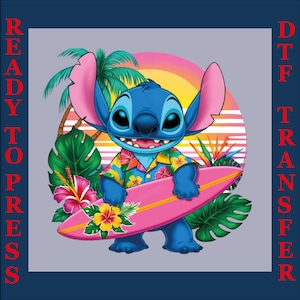 May include: A blue cartoon character with large ears, wearing a Hawaiian shirt, holding a pink surfboard. The background features a sunset, palm trees, and tropical flowers. The words "READY TO PRESS" and "DTF TRANSFER" are printed in red.