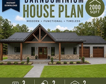 Barndominium House Plan 2000 Sq Ft, 3 Bedroom 2 Bath Farmhouse Plan, 2 Car Garage, Modern Barn Home Blueprint, PDF Download with Porch