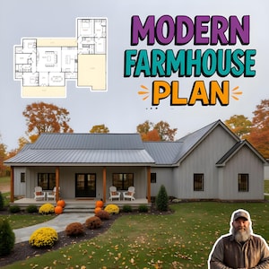 May include: A modern farmhouse plan is displayed, showcasing a light gray house with a dark gray roof and a covered porch. The text "MODERN FARMHOUSE PLAN" is in the upper right corner. The house is surrounded by a green lawn and autumn foliage.
