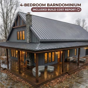 Hauspläne für ein Barndominium mit 4 Schlafzimmern als PDF zum sofortigen Download. Modernes Scheunenhaus-Bauset mit Garage und Veranda, fertiges PDF-Design.
