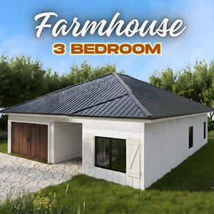 3 Bedroom 2 Bathroom Modern Farmhouse Blueprint, One Story Home Plan with Open Concept, Two Car Garage and Covered Porch Design
