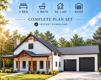 5 Bed Barndominium Loft House Plan, 36x60, 3 Bath Floor Plan with Shop, 3466 Sq Ft Modern Farmhouse, PDF Building Plans Instant Download