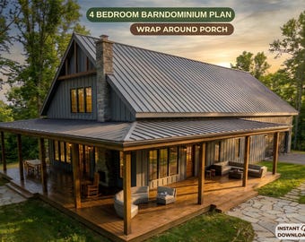 4-Schlafzimmer-Barndom-Grundriss mit umlaufender Veranda, modernes Bauernhaus-Layout, offenes Wohnkonzept, Starterplan + Kostenvoranschlag