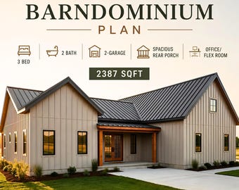 3 Bedroom Barndominium House Plan | 2387 Sq Ft Modern Farmhouse | 58x66 PDF Blueprint | 2 Bath, 2 Car Garage, Office, Instant Download