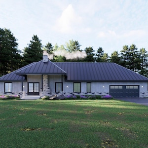 May include: A modern, single-story house with a dark gray metal roof and light gray siding. The house features a stone chimney and accents, a two-car garage, and a well-manicured lawn. The surrounding landscape includes trees and a paved driveway.