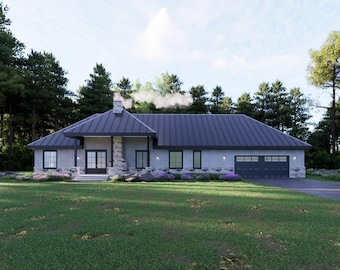 Barndom Haus Pläne Modernen Rustikalen Stil mit 3 Schlafzimmer 3 Bäder Offenes Konzept Wohnzimmer Abgeschirmte Veranda 2 Auto-Garage PDF