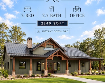 Barndominium House Plans, 3 Bedroom 2.5 Bath Modern Farmhouse Plan, 2240 Sq Ft House Plan, 56x60 PDF Blueprint, Instant Download
