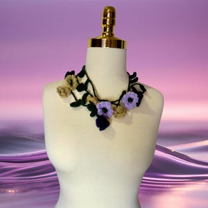 Purple lily crochet necklace, Birthday gift flower scarf, Crochet beaded necklace, Mothers day gift, Boho Crochet wrap necklace, fashion
