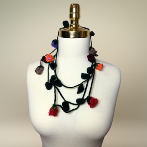 Crochet Flower Scarf Necklace – Handmade Skinny Floral Wrap