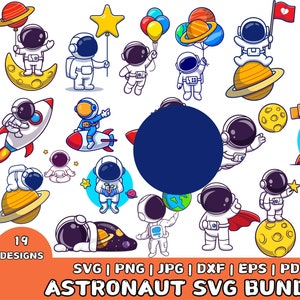 Pacchetto SVG di astronauti carini con clipart di razzi, astronavi e galassie / SVG per feste spaziali per bambini, adesivi per lo spazio, SVG di astronauti dei cartoni animati