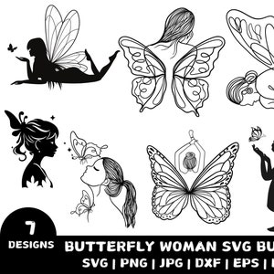 Ensemble SVG femme papillon | et cliparts de papillons volants | Fichiers de découpe pour Cricut et Silhouette | Modèles de pochoirs | Téléchargement numérique