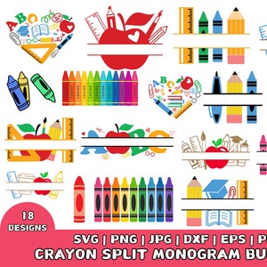 Pacote 18 Crayon svg | Monograma de Crayon e Envoltório de Caneta PNG | Copo de Professor e Clipart | Lápis e Monograma Dividido SVG | Download Digital