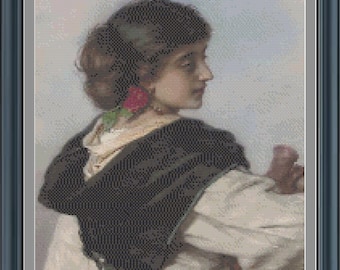 A Young Italian Water Carrier Lost In Thought -Cross Stitch Pattern-PDF Download-Adapted From A Painting By Guido Bach -12" x 16.9"