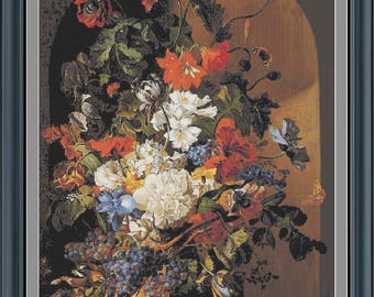 Still Life With Flowers and Grapes Cross Stitch Pattern - PDF Download - Adapted From A Painting By Leopold Zinnogger - 89 colors 25x36