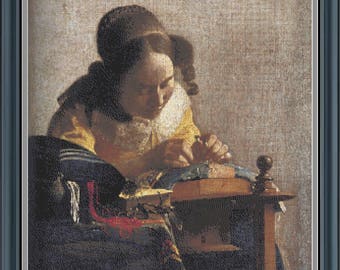 The Lacemaker by Johannes Vermeer-Cross Stitch Chart- Instant PDF Download- 20" x 24" 98 Colors