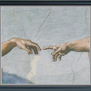 May include: A close-up of two hands reaching towards each other, with one hand slightly extended. The hands are depicted against a light blue background with subtle white and gray markings.