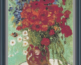 Red Poppies & Daisies Cross Stitch Pattern -PDF Instant Download - Adapted From A Painting By Vincent Van Gogh- 46 Colors